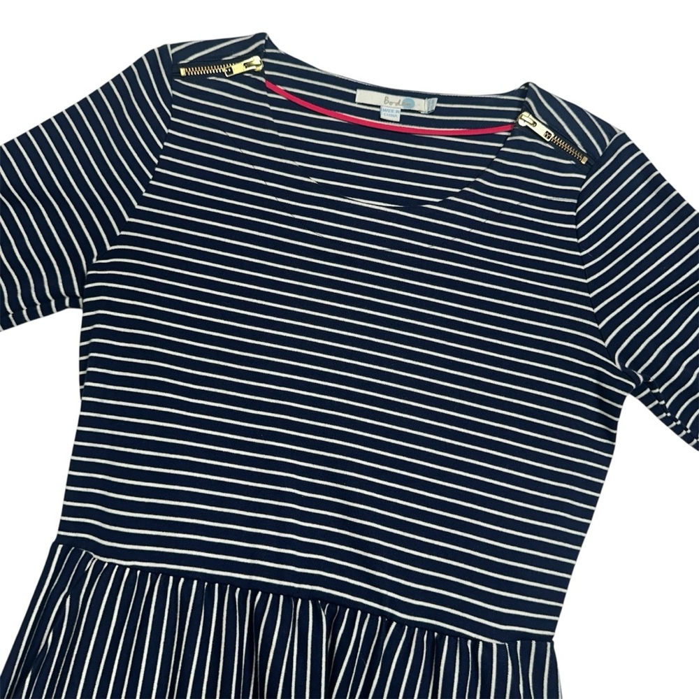 Boden Navy & White Striped Cotton Dress Gold Zipper Detail Size 8R